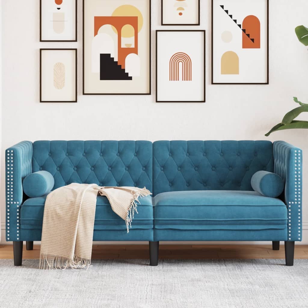 Sofa Chesterfield z wałkami, dwuosobowa, niebieska, aksamit Lumarko!
