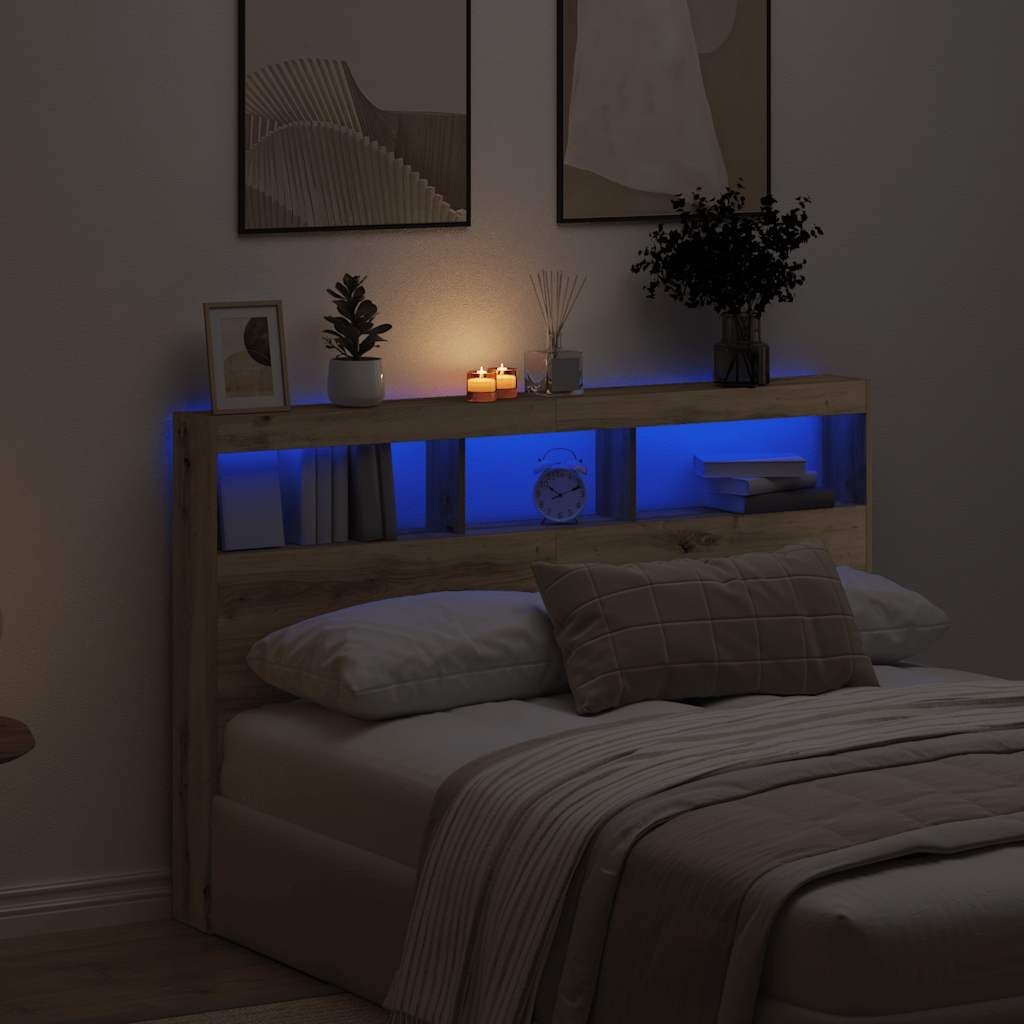 Zagłówek z półkami i LED, dąb artisan, 160x17x102 cm Lumarko!