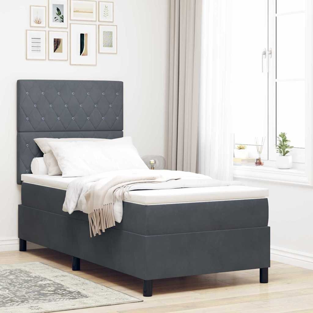 Łóżko Box Spring z Materacem i LED Szare 90x200 cm Aksamit Lumarko!