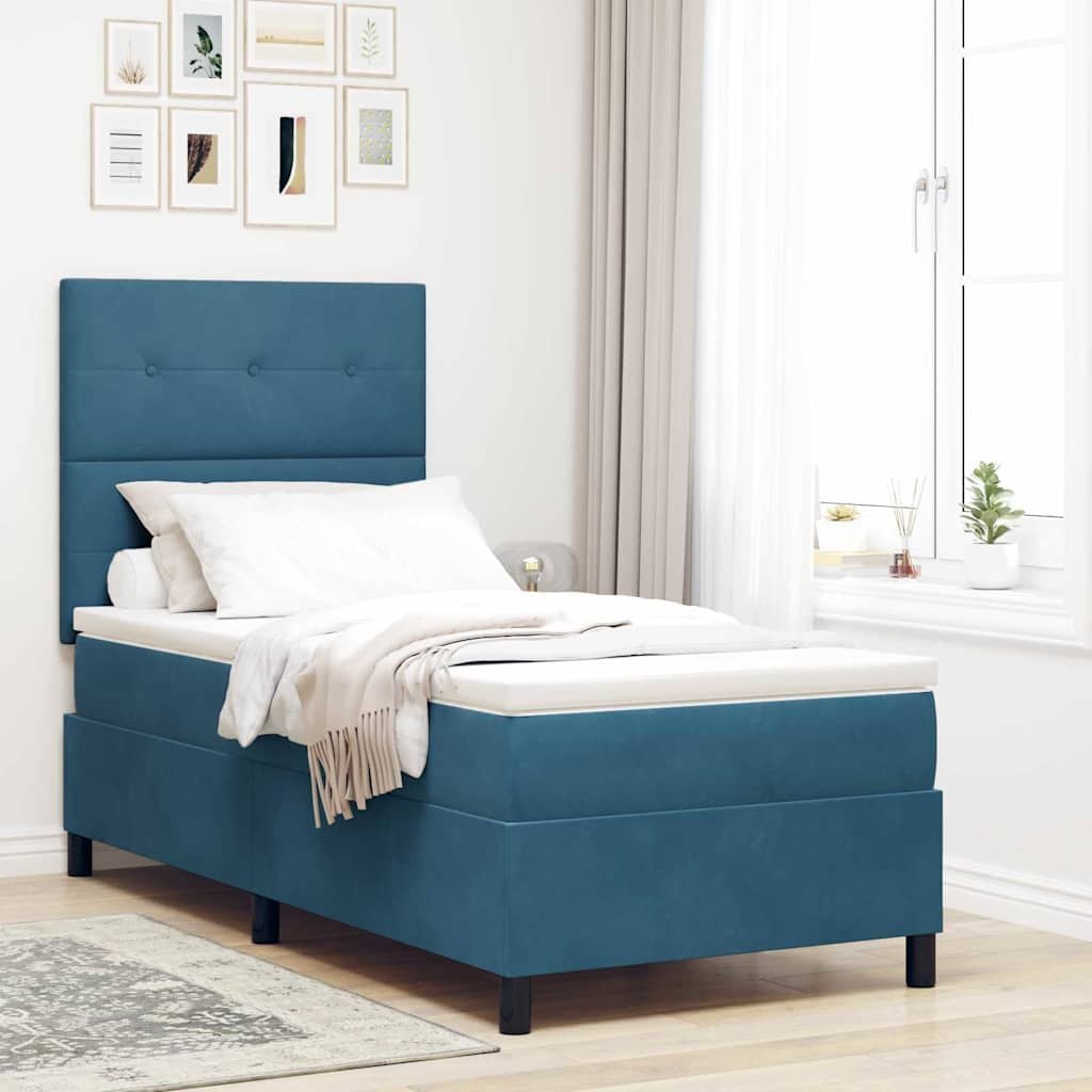 Łóżko Box Spring z materacem i LED ciemnoniebieskie 90x190 cm aksamitne Lumarko!