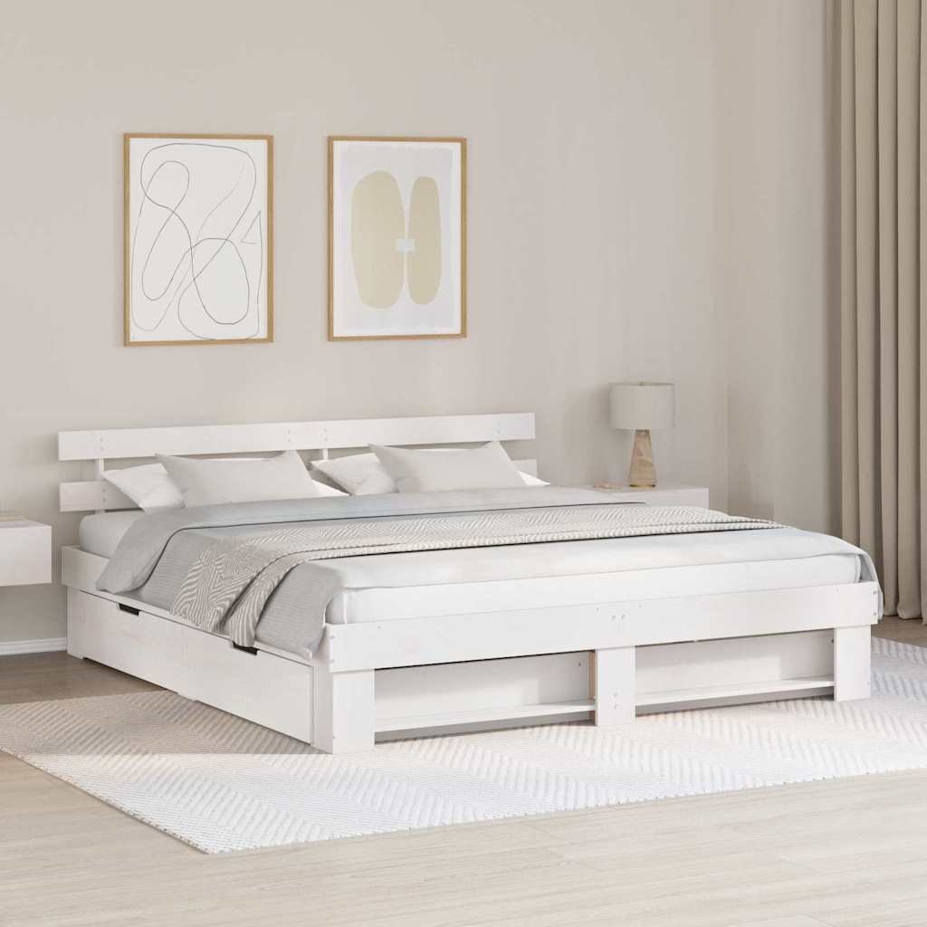 Ramka łóżka Z zagłówkiem Biały 200 x 200 cm Lite drewno sosnowe Lumarko!