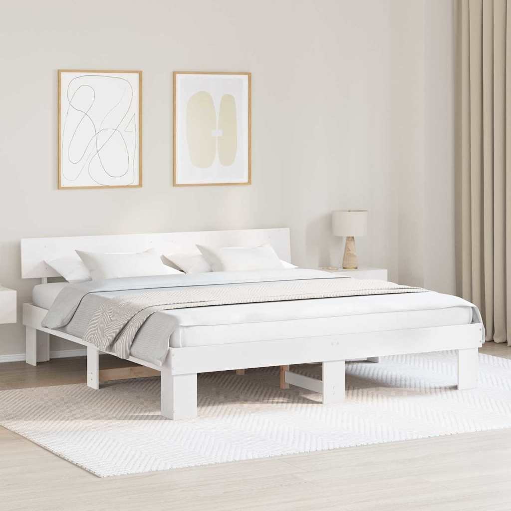 Ramka łóżka Z zagłówkiem Biały 200 x 200 cm Lite drewno sosnowe Lumarko!