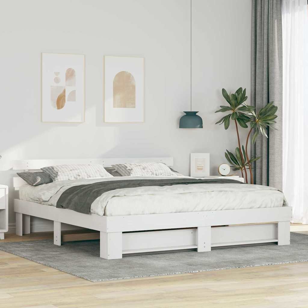 Ramka łóżka Z zagłówkiem Biały 200 x 200 cm Lite drewno sosnowe Lumarko!