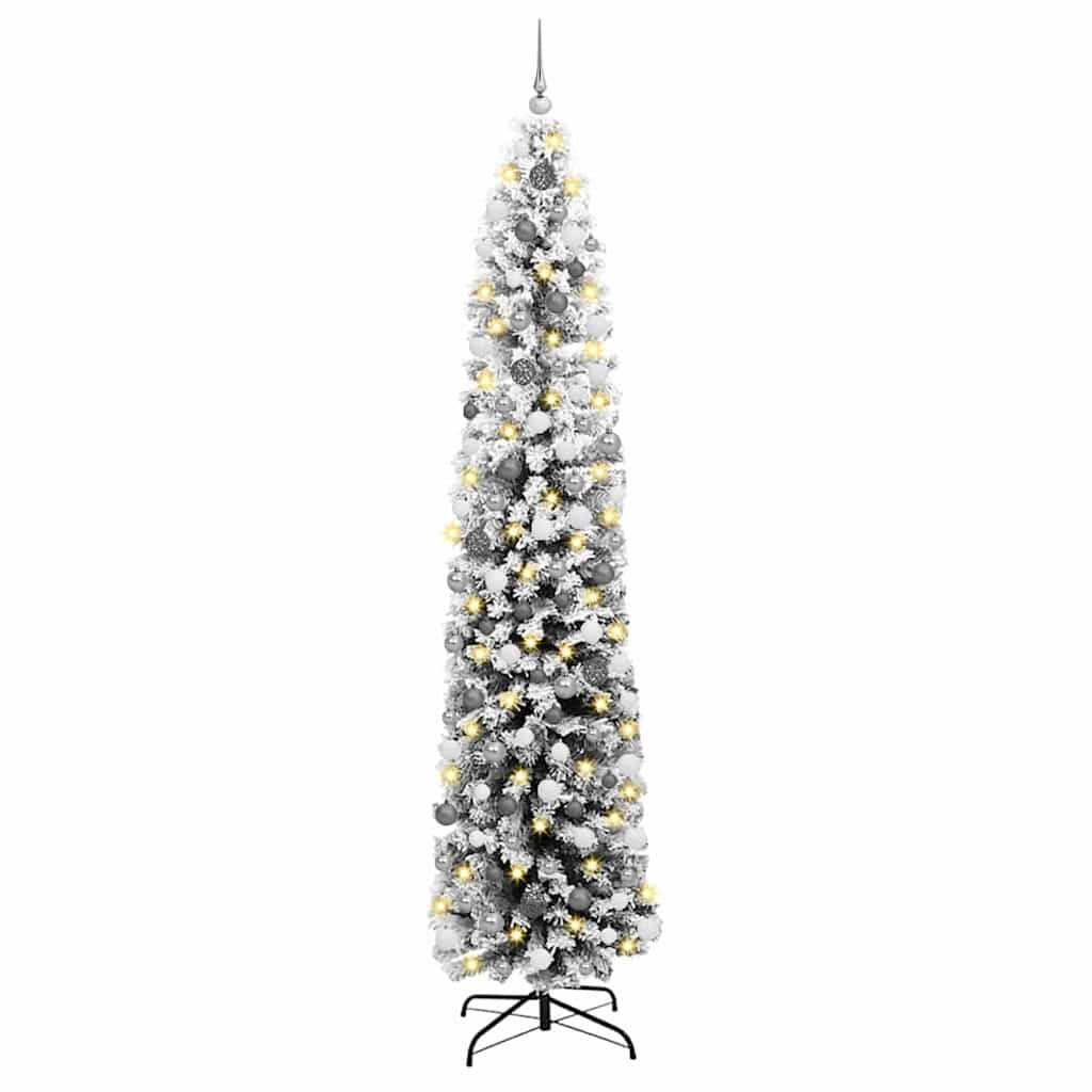 Smukła choinka 300 LED i zestaw bombek z pokryciem śnieżnym zielona 240 cm Lumarko!