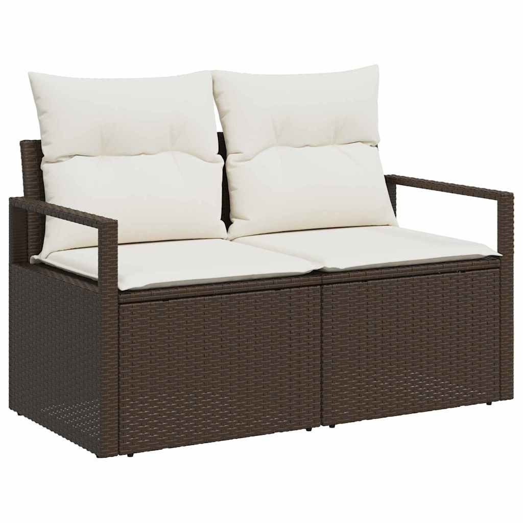 Sofa ogrodowa dla dwóch osób od , brązowa, z miejscem na przechowywanie i poduszkami. Lumarko!