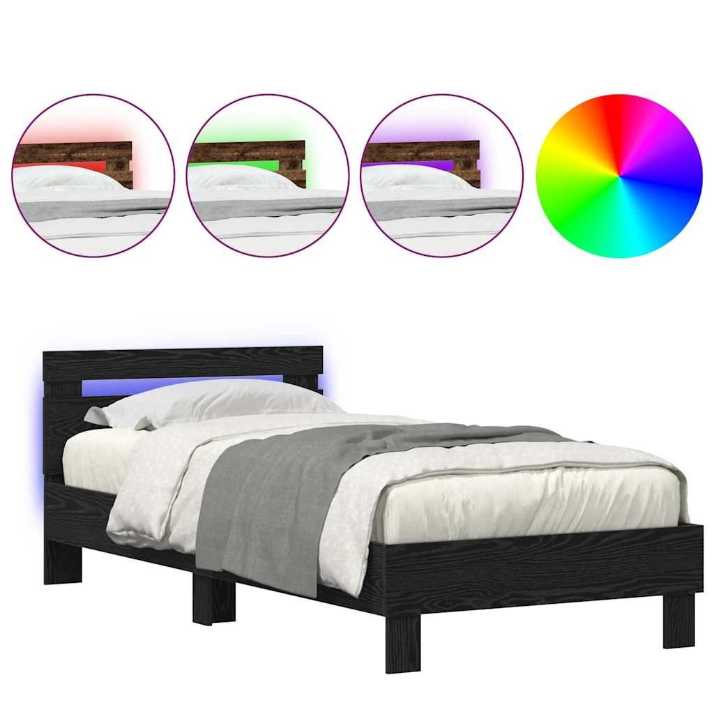 Łóżko z lampkami LED Czarny Dąb 90x200 cm z drewna inżynieryjnego Lumarko!